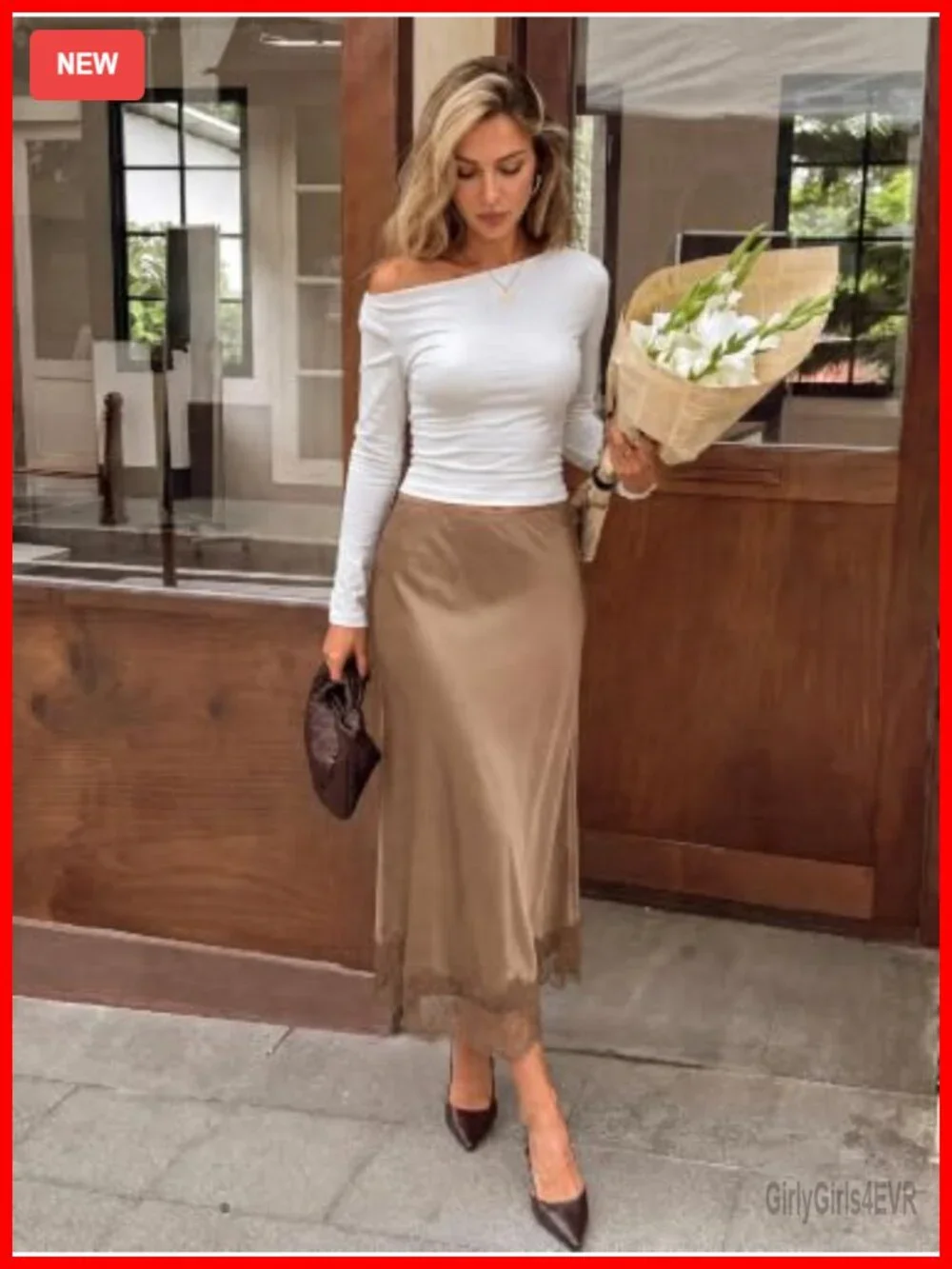 Satin A-Line Maxi Skirt High Waisted Lace Trim Ankle Length